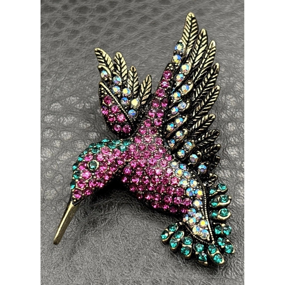 Encrusted OPCKR Rhinestone Hummingbird Brooch Pink Purple Crystal Gold Tone Pin